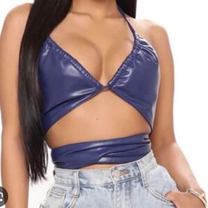 Fashion Nova Navy Blue Faux Leather Halter Top